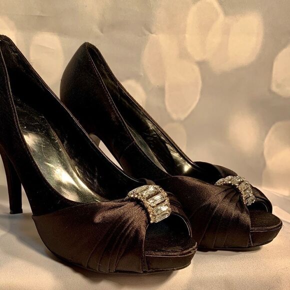 DEB BLACK SATIN OPEN TOE HIGH HEELS SIZE 9 - Picture 7 of 10
